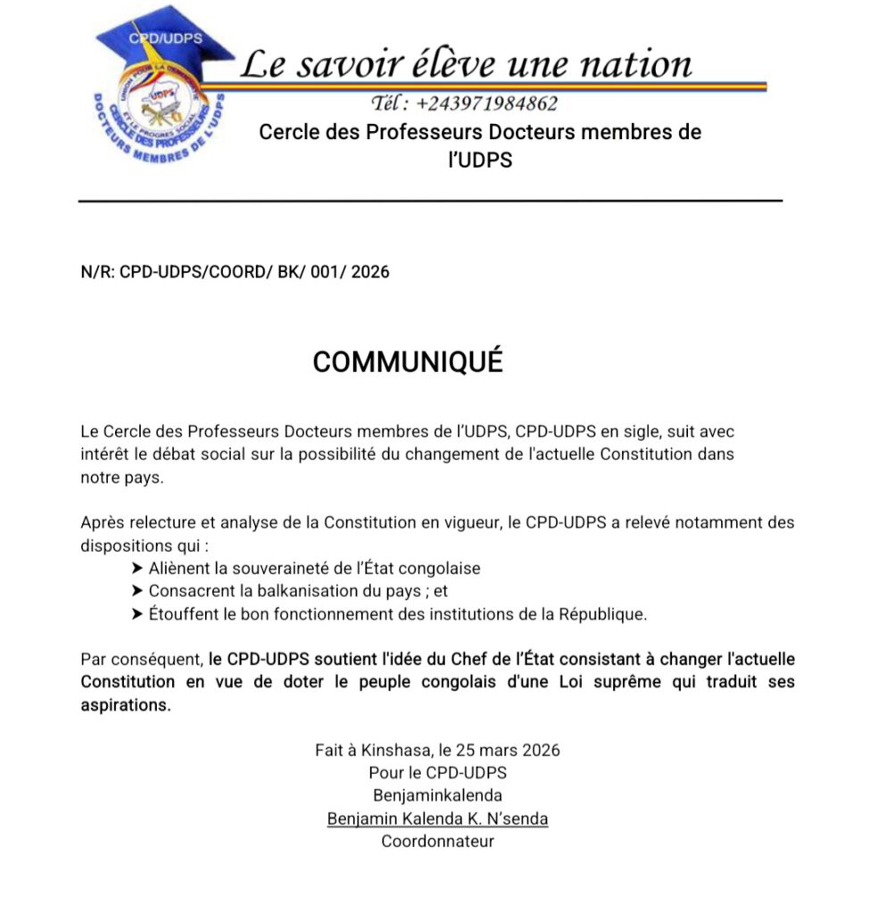 Changement de la Constitution : le CPD-UDPS soutient l’initiative de Félix Tshisekedi