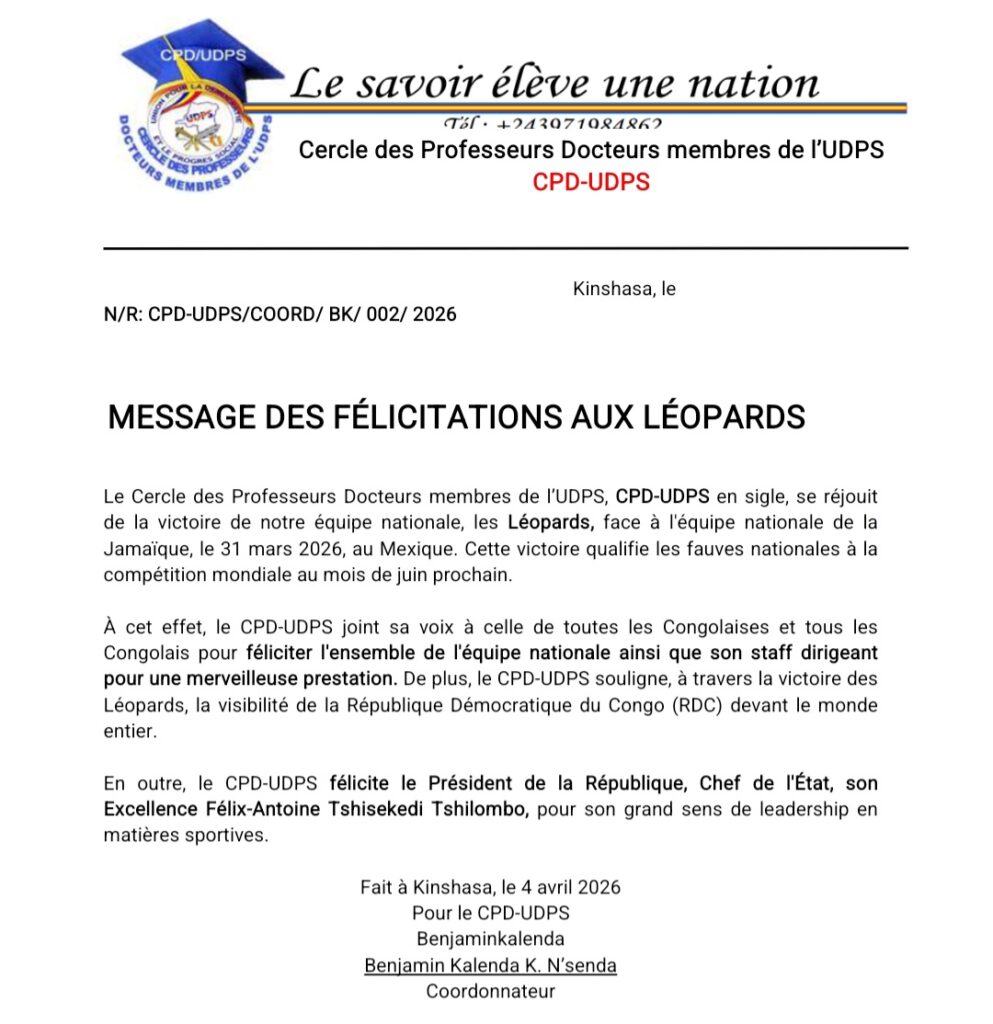 Victoire des Léopards : le CPD-UDPS félicite l’équipe et salue le leadership du Chef de l’État