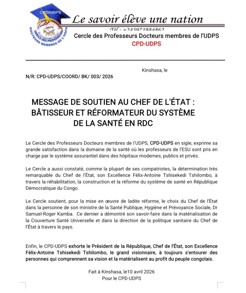 Santé en RDC : le CPD-UDPS salue les efforts du Chef de l’État