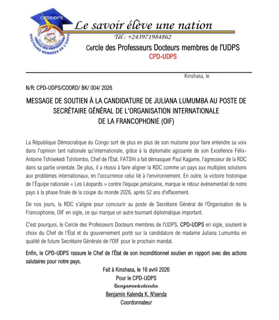 Le CPD-UDPS apporte son soutien à la candidature de Juliana Lumumba à l’OIF