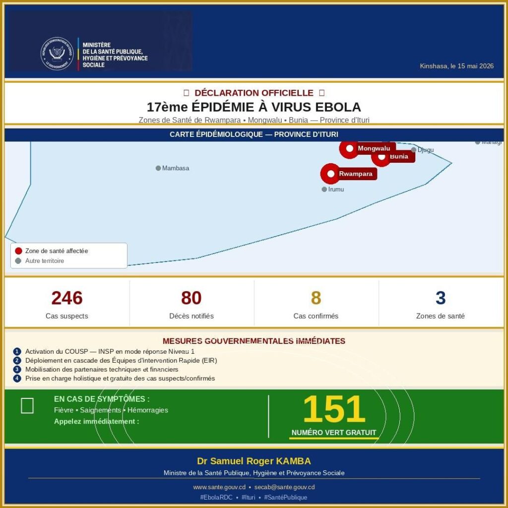 RDC : le Ministre Roger Kamba déclare une 17ᵉ épidémie d’Ebola en Ituri